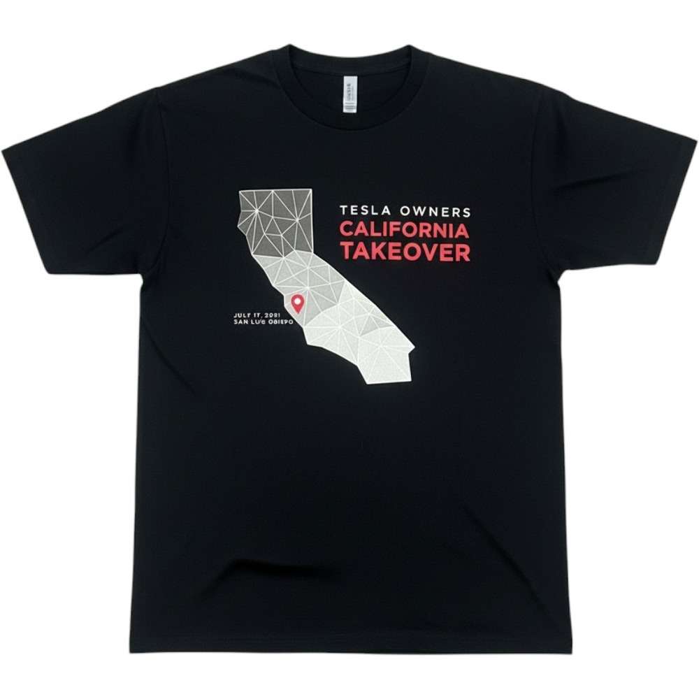 Tesla Owners California Takeover 2021 Event T-Shirt Mens Black SLO EV Model 3